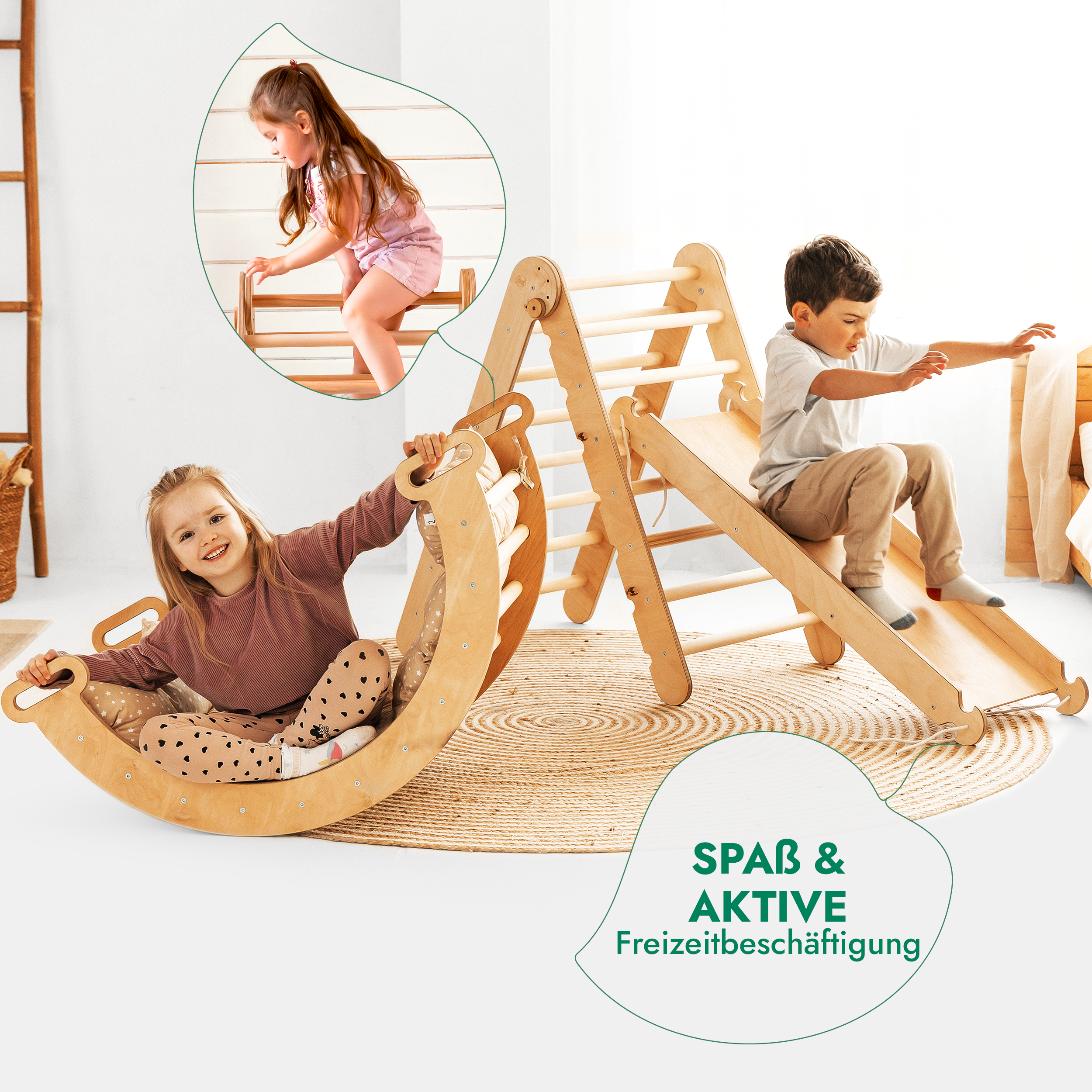 4in1 Montessori Klettergerüst Set: Kletterdreieck mit Rutsche, Kletterbogen mit Kissen, für Kinder 1-7 Jahre – Beige-2