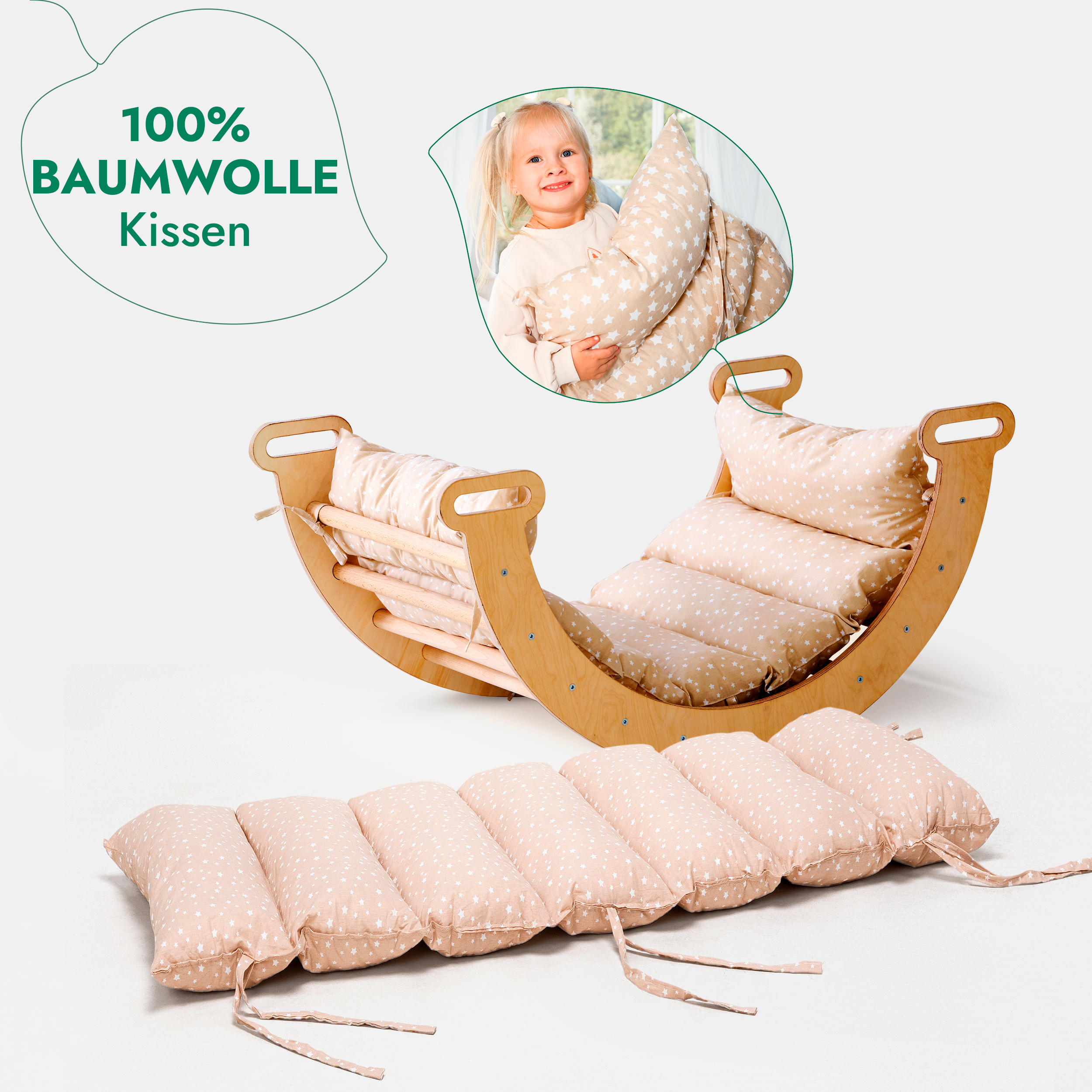 4in1 Montessori Klettergerüst Set: Kletterdreieck mit Rutsche, Kletterbogen mit Kissen, für Kinder 1-7 Jahre – Beige-3