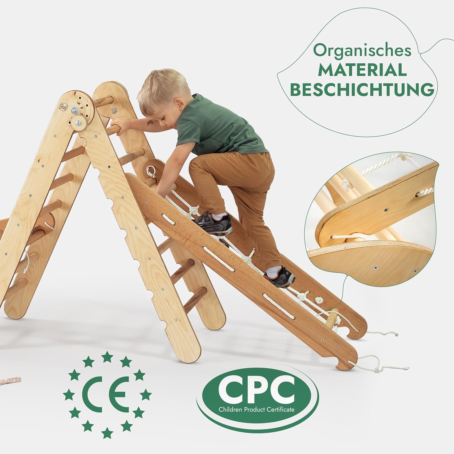 5 en 1 Set de Escalada Montessori para Niños – Triángulo Pikler con Rampa, Arco, Red de Escalada y Cojín – Beige