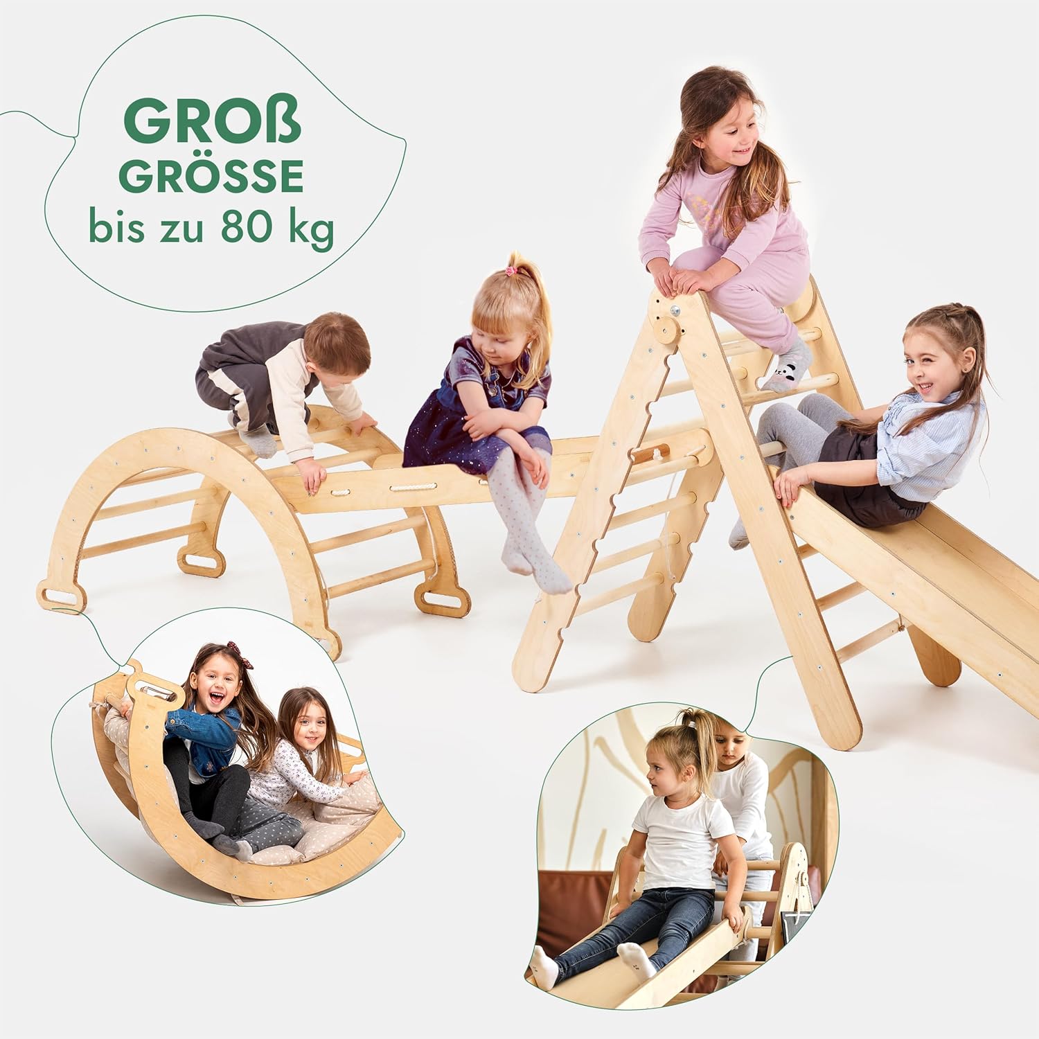 5 en 1 Set de Escalada Montessori para Niños – Triángulo Pikler con Rampa, Arco, Red de Escalada y Cojín – Beige