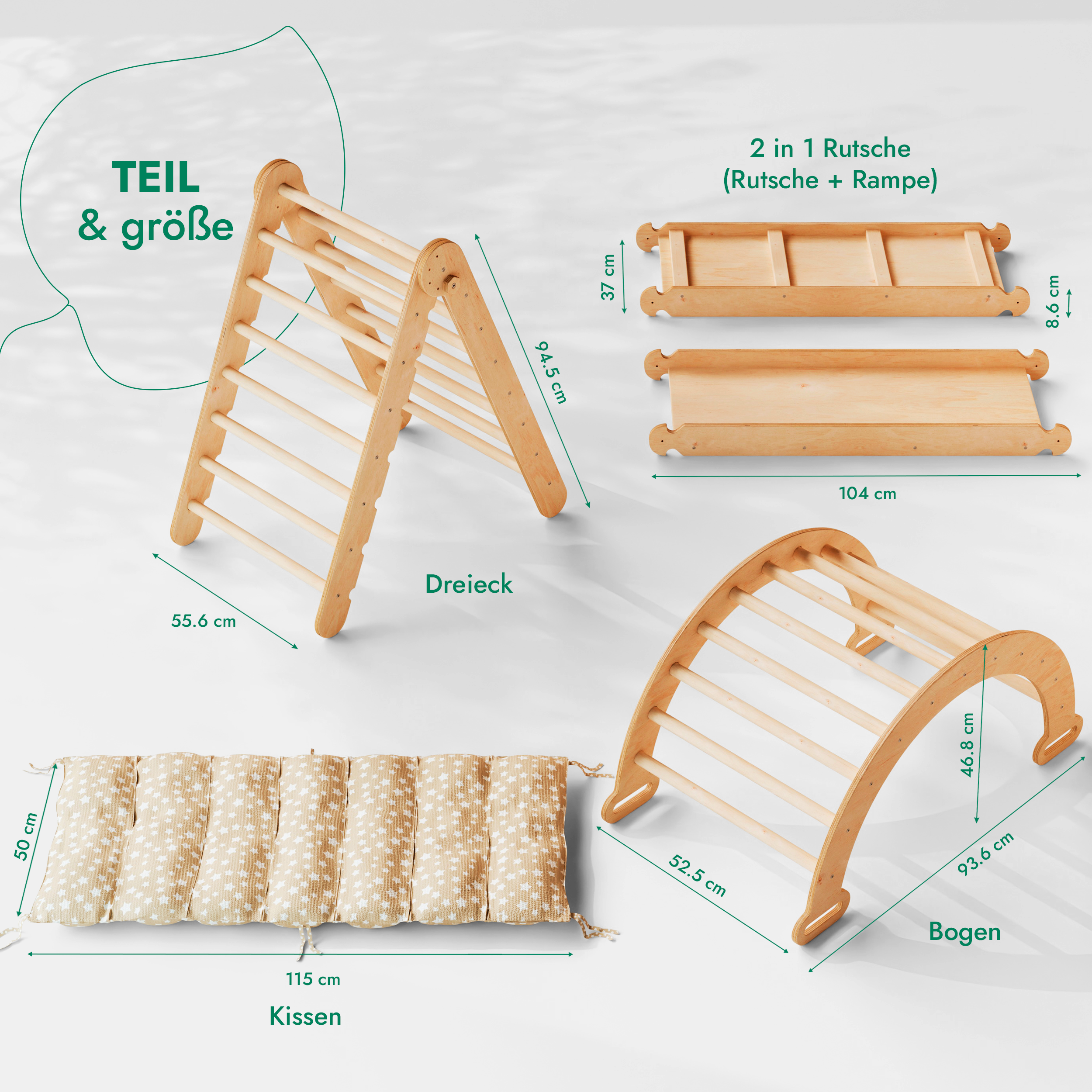 4in1 Montessori Klettergerüst Set: Kletterdreieck mit Rutsche, Kletterbogen mit Kissen, für Kinder 1-7 Jahre – Beige-4
