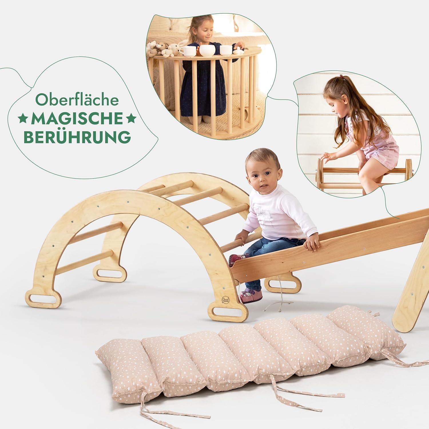 5 en 1 Set de Escalada Montessori para Niños – Triángulo Pikler con Rampa, Arco, Red de Escalada y Cojín – Beige