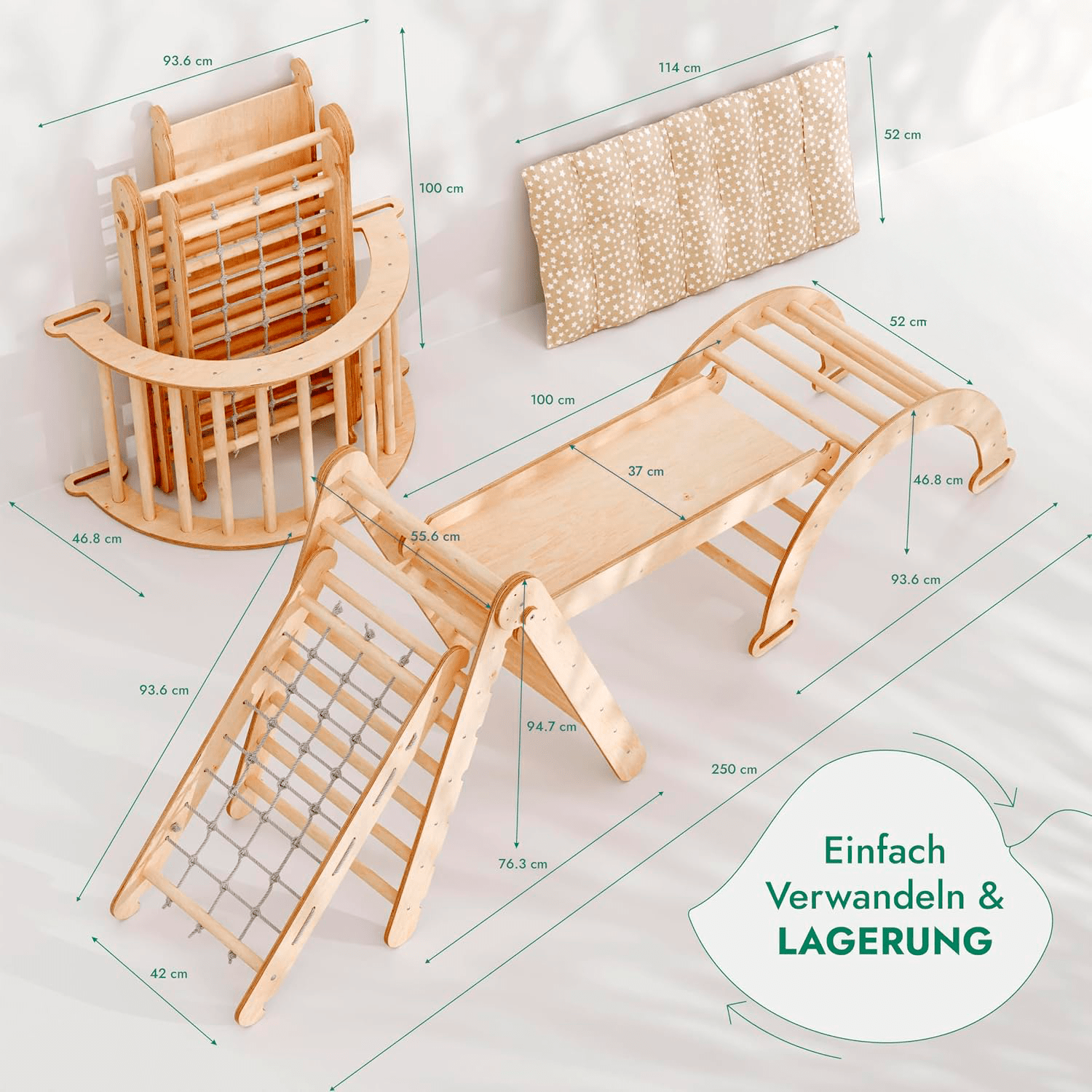 5 en 1 Set de Escalada Montessori para Niños – Triángulo Pikler con Rampa, Arco, Red de Escalada y Cojín – Beige