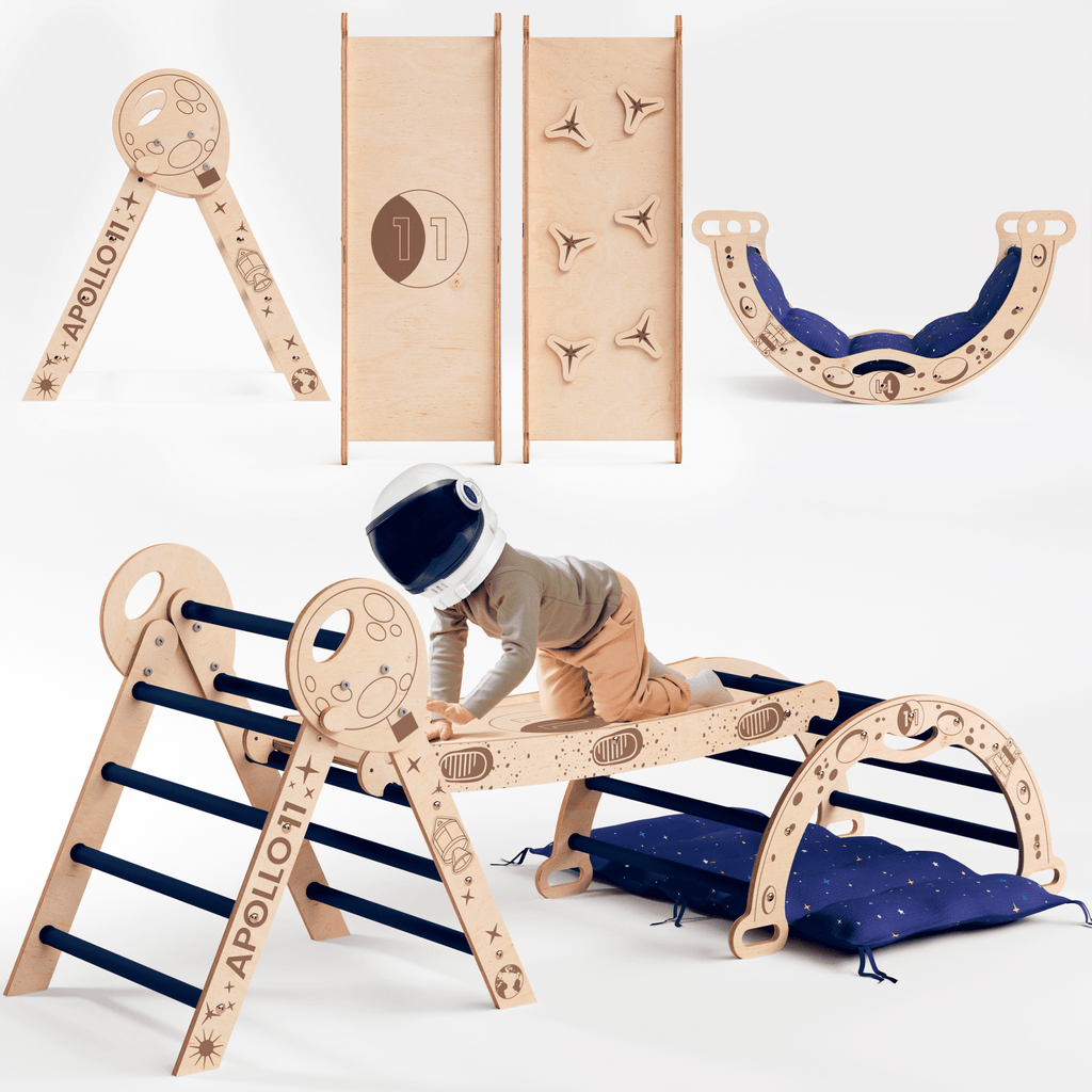 Apollo 4in1 Kletterset: Pikler-Dreieck, Kletterbogen, Rutschbrett und Kissen für kleine Kleinkind-Astronauten-0