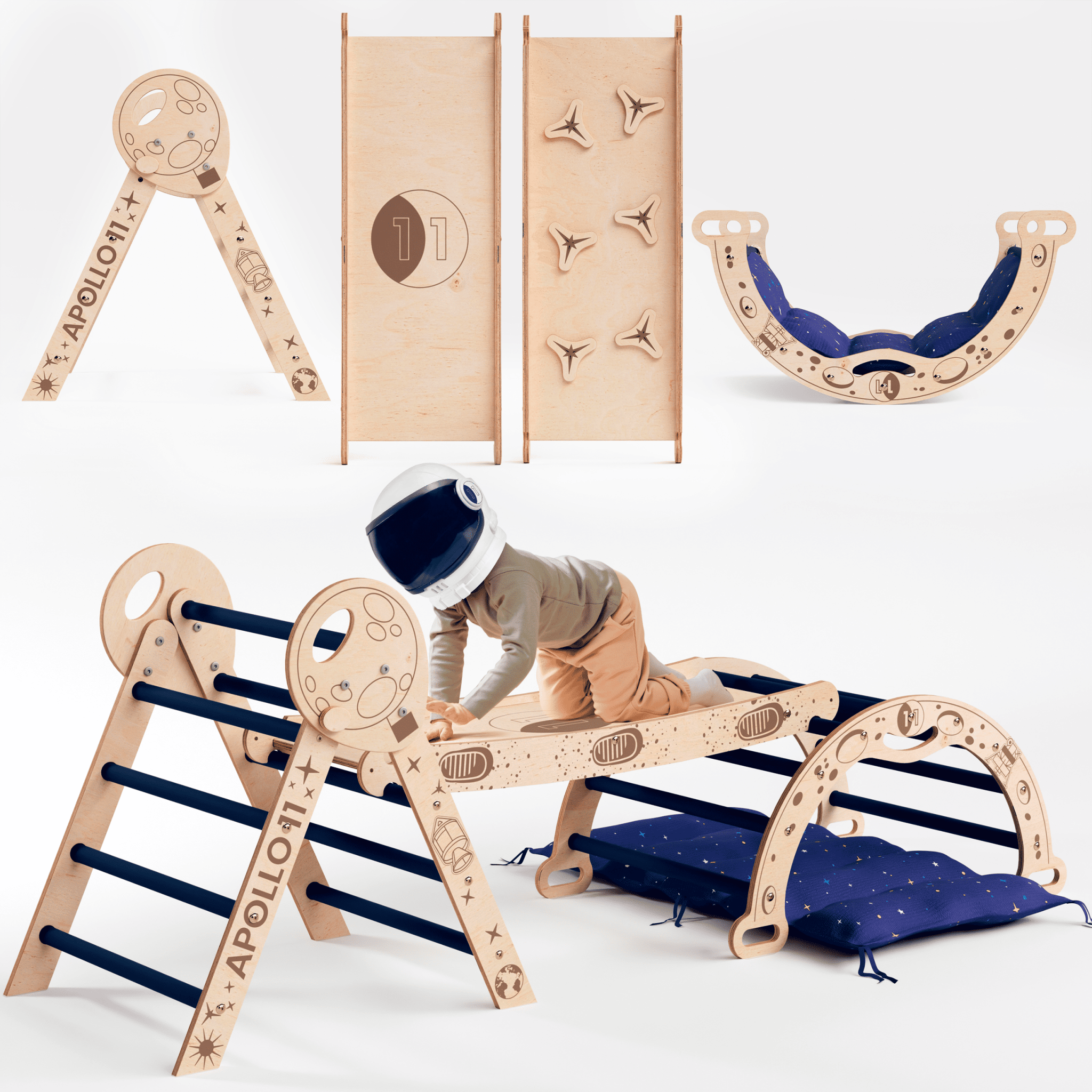 Apollo 4in1 Kletterset: Pikler-Dreieck, Kletterbogen, Rutschbrett und Kissen für kleine Kleinkind-Astronauten-0
