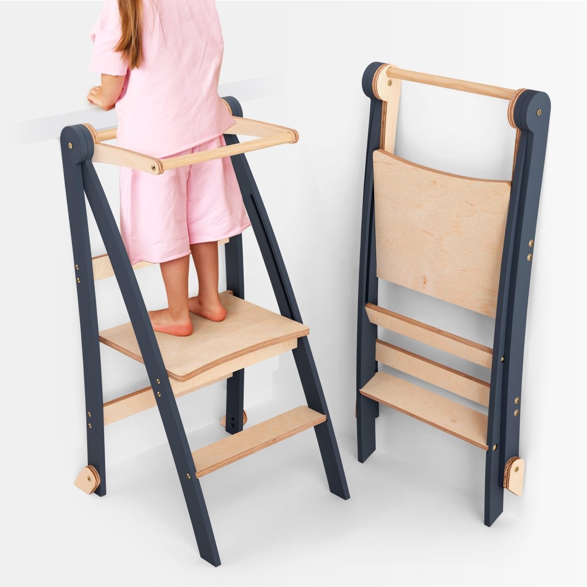 Holz Lernleiter Montessori: Hocker für Kinder - Graphit-0