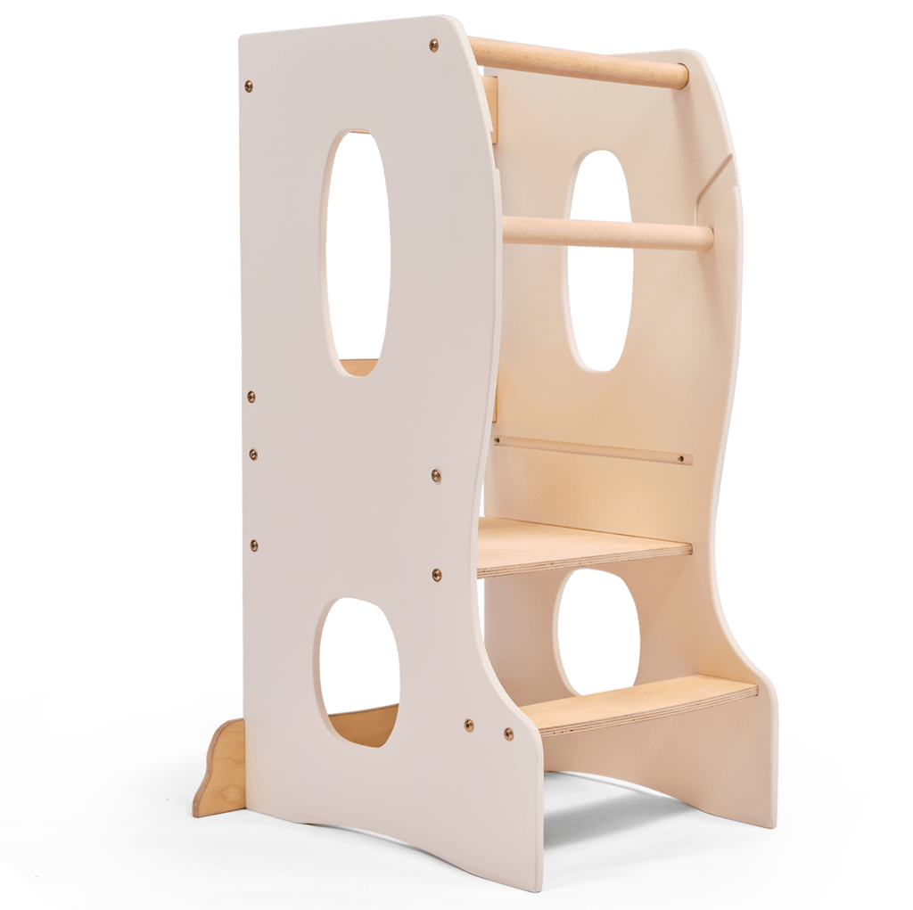 Stabiler Montessori Lernturm: Mitwachsender Kinderstuhl aus Holz – Elfenbein-0