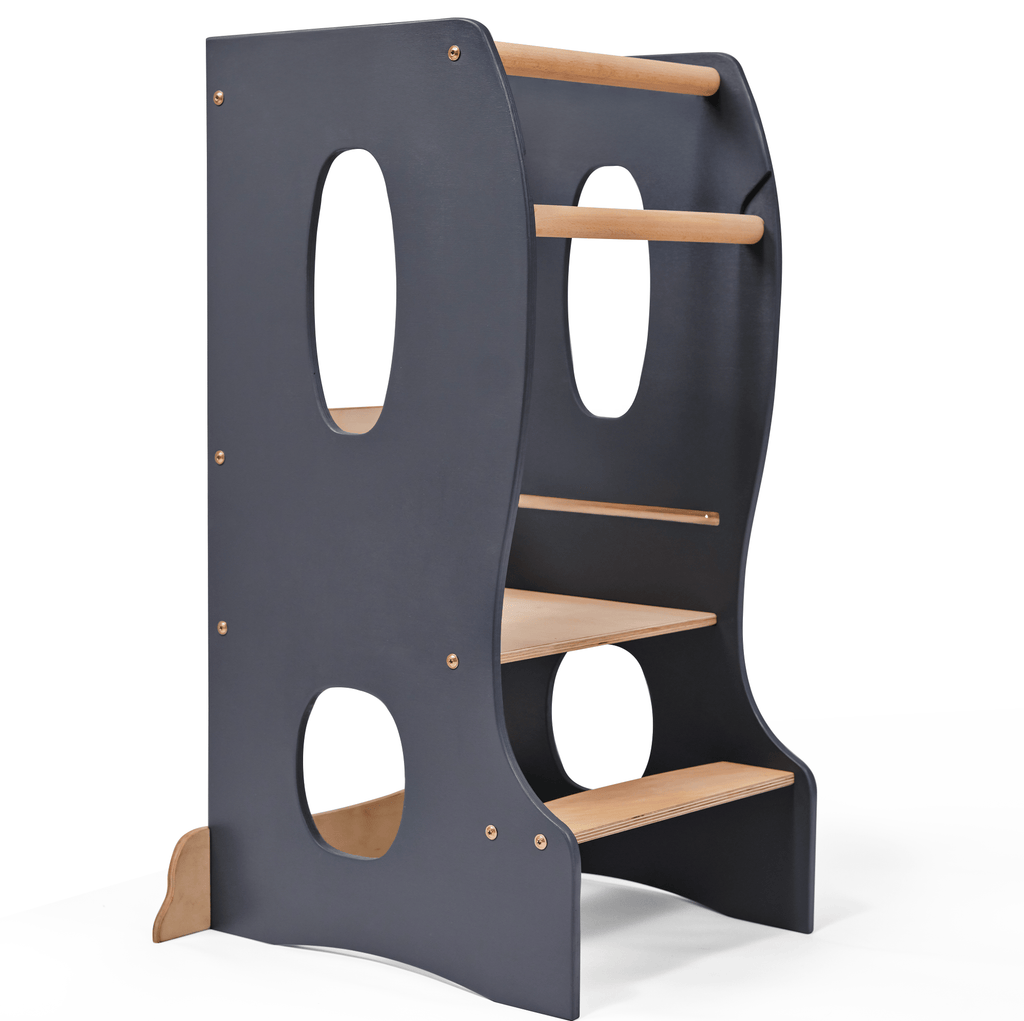 Stabiler Montessori Lernturm: Mitwachsender Kinderstuhl aus Holz – Grau-0